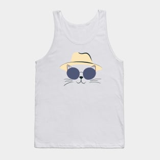 French Chic Cat: Cream Hat & Round Shades - Minimalistic Cat Art" Tank Top